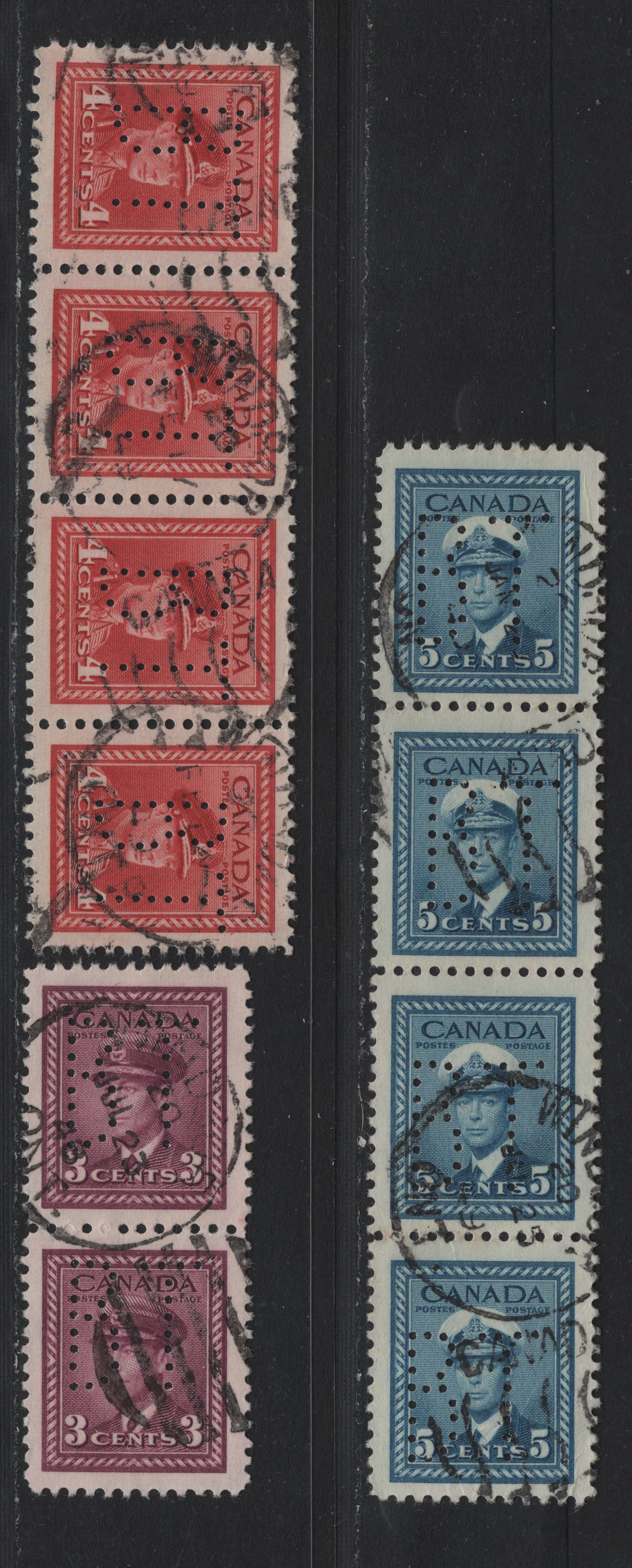 Lot 332 Canada #252var, 254var, 255var 3c - 5c Rose Purple - Blue , 1942-1943 KGVI War Issue, 3 Very Fine Used Singles, Strips Of 3 & Pairs, Bell Telephone Perfins From Pos. 1 All Cancelled In Windsor, ON In 1948-1949 .