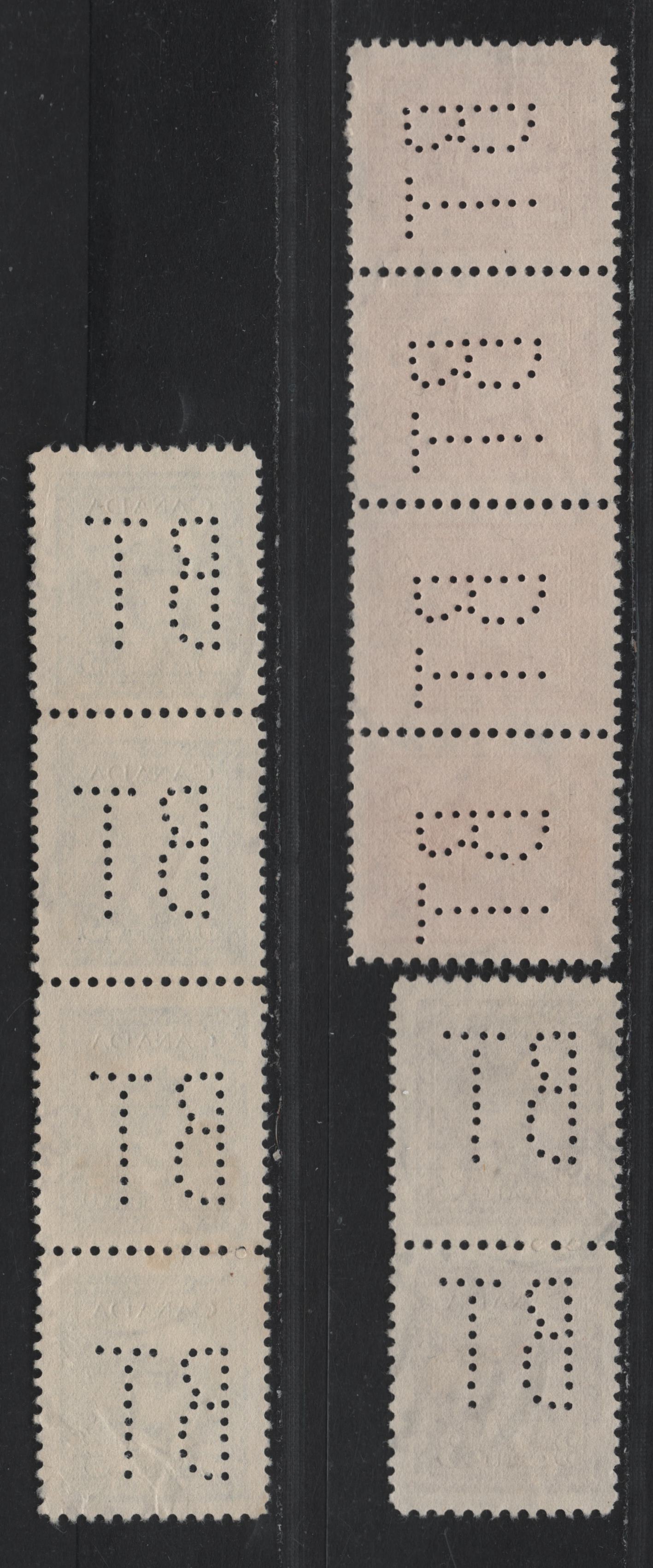 Lot 332 Canada #252var, 254var, 255var 3c - 5c Rose Purple - Blue , 1942-1943 KGVI War Issue, 3 Very Fine Used Singles, Strips Of 3 & Pairs, Bell Telephone Perfins From Pos. 1 All Cancelled In Windsor, ON In 1948-1949 .