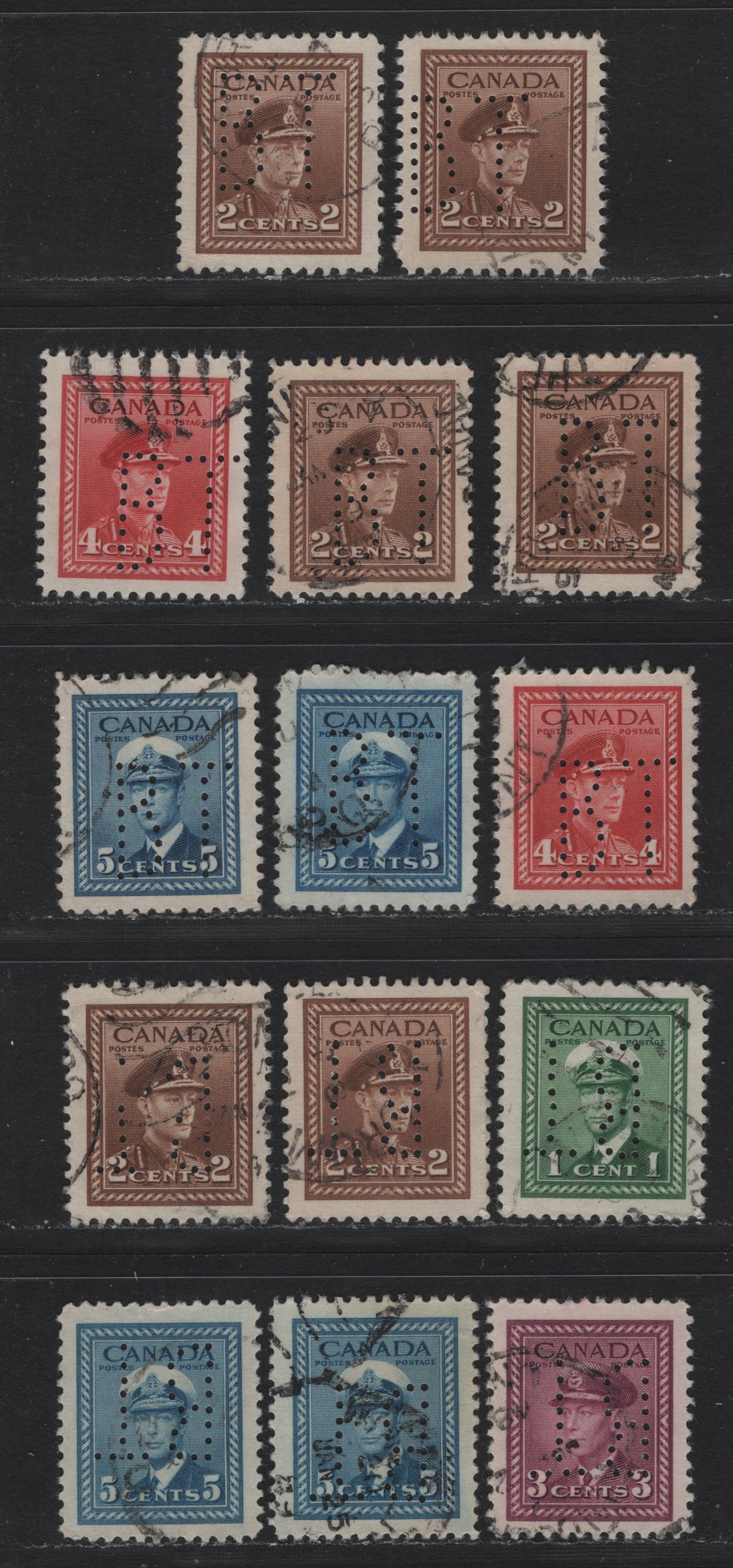 Lot 333 Canada #249var/255var 1c - 5c Green - Blue , 1942-1943 KGVI War Issue, 14 Very Fine Used Singles, Bell Telephone Perfins From Pos. 1 & 3, Including Shade & Paper Variations