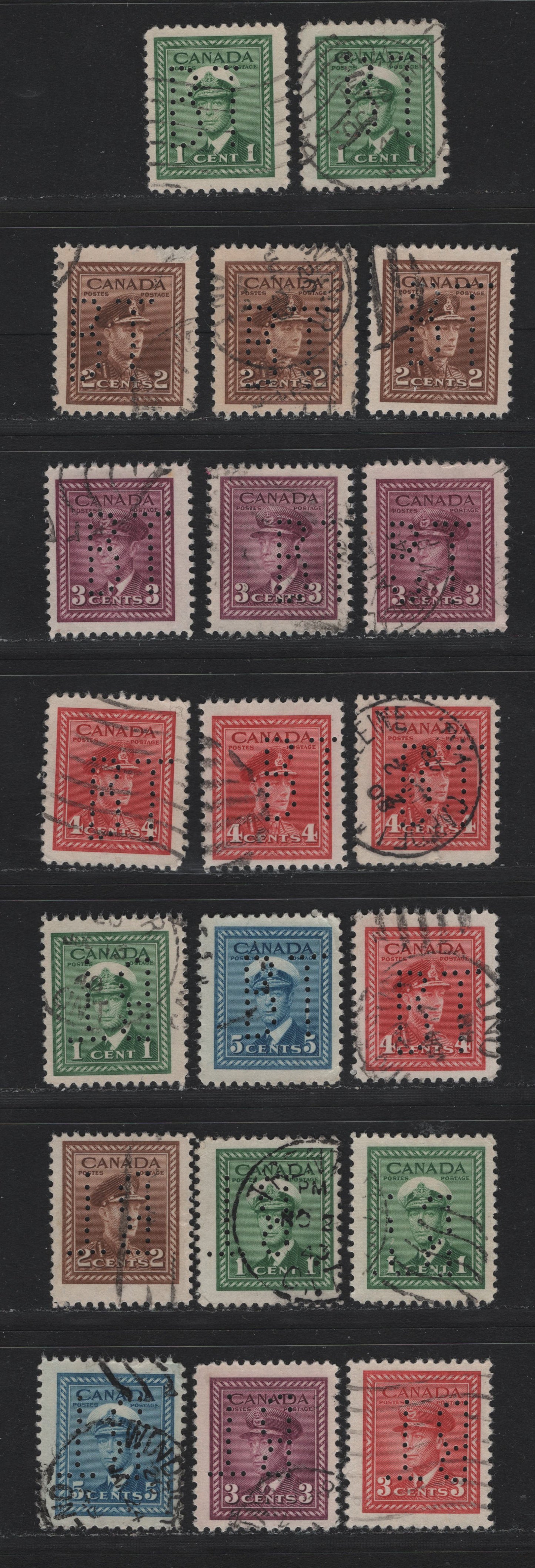 Lot 334 Canada #249var/255var 1c - 5c Green - Blue , 1942-1943 KGVI War Issue, 20 Fine Used Singles, Bell Telephone Perfins From Pos. 1 & 3, Including Shade & Paper Variations