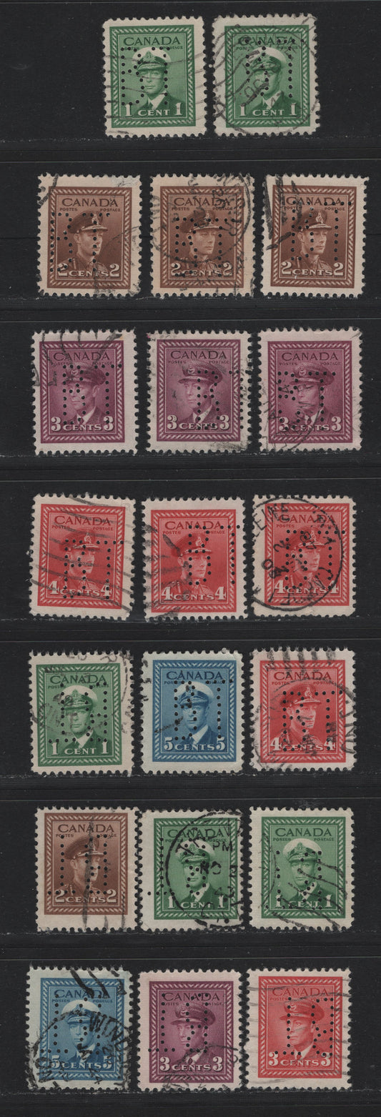Lot 334 Canada #249var/255var 1c - 5c Green - Blue , 1942-1943 KGVI War Issue, 20 Fine Used Singles, Bell Telephone Perfins From Pos. 1 & 3, Including Shade & Paper Variations