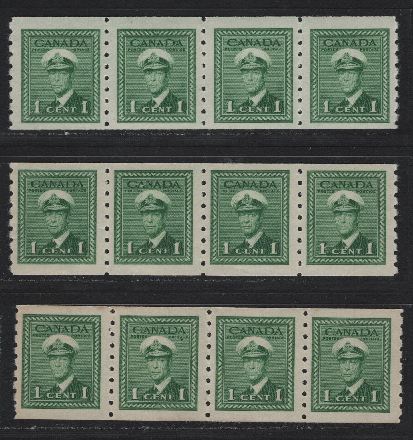 Lot 336 Canada #263 1c Green , 1942-1943 KGVI War Issue Coils, 3 VFNH Singles, Vertical Wove Papers, All Showing Consistent Spacing Of 4mm Between Stamp Impressions, Different Gums.