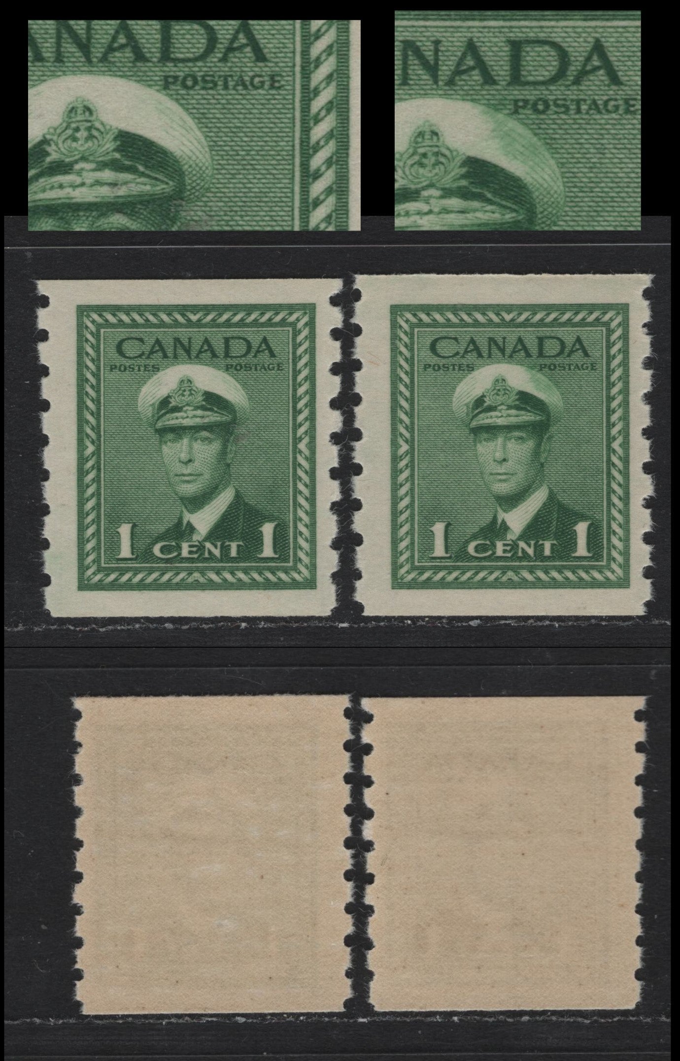 Lot 339 Canada #263 1c Green , 1942-1943 KGVI War Issue Coils, 2 FNH Coil Singles, Vertical Wove Paper With Smooth Cream Gum, Perf 8 Vertical, Showing Smudge On Cap.