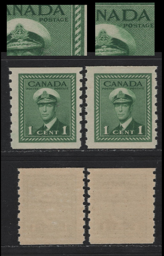 Lot 339 Canada #263 1c Green , 1942-1943 KGVI War Issue Coils, 2 FNH Coil Singles, Vertical Wove Paper With Smooth Cream Gum, Perf 8 Vertical, Showing Smudge On Cap.
