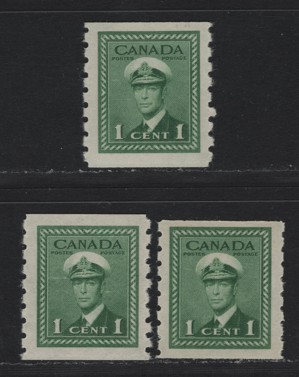 Lot 57 Canada #263 1c Green , 1942-1943 KGVI War Issue Coils, 3 VFNH Singles, Perf 8 Vertical, Different Papers & Gum Types, Many of Which Are In The Tables.