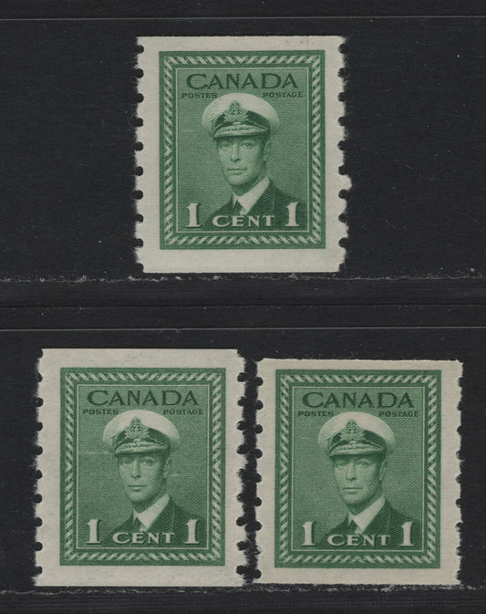 Lot 340 Canada #263 1c Green , 1942-1943 KGVI War Issue Coils, 3 VFNH Singles, Perf 8 Vertical, Different Papers & Gum Types, Many of Which Are In The Tables.