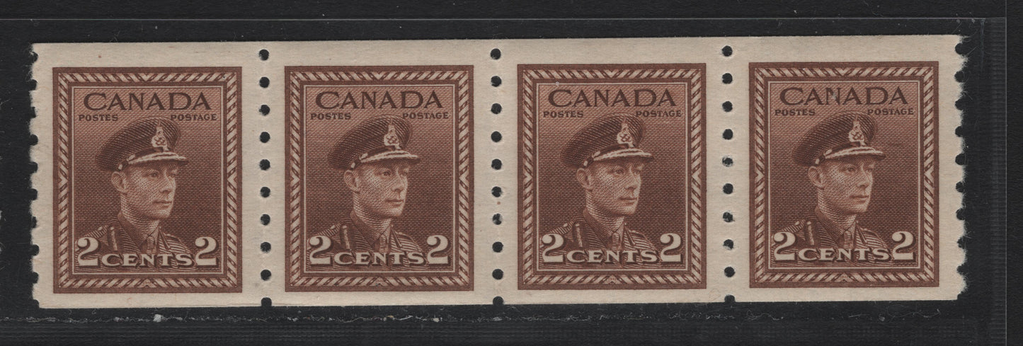 Lot 343 Canada #264 2c Deep yellow Brown , 1942-1943 KGVI War Issue, A VFNH Coil Strip Of 4, Horizontal Wove Paper With Clear Mesh, Cream Gum With A Semi Gloss Sheen, 4mm Spacing Between Stamps.
