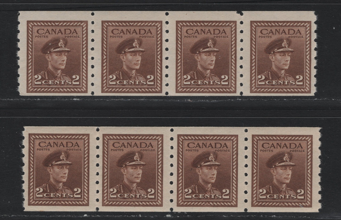 Lot 344 Canada #264 2c Brown & Yellowish Brown , 1942-1943 KGVI War Issue, 2 FNH Coil Strips Of 4, Horizontal Wove Paper With Clear Horizontal Mesh & Semi Glossy Cream Gum, Perf 8 Vertical