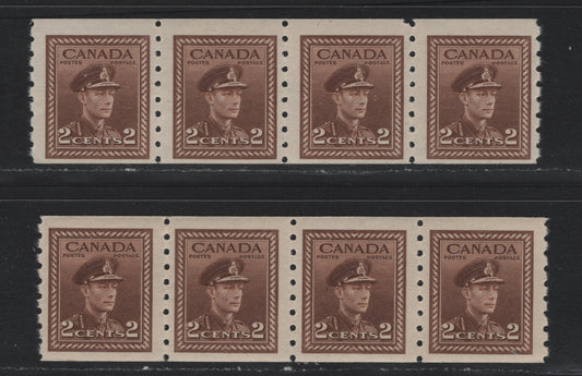 Lot 344 Canada #264 2c Brown & Yellowish Brown , 1942-1943 KGVI War Issue, 2 FNH Coil Strips Of 4, Horizontal Wove Paper With Clear Horizontal Mesh & Semi Glossy Cream Gum, Perf 8 Vertical
