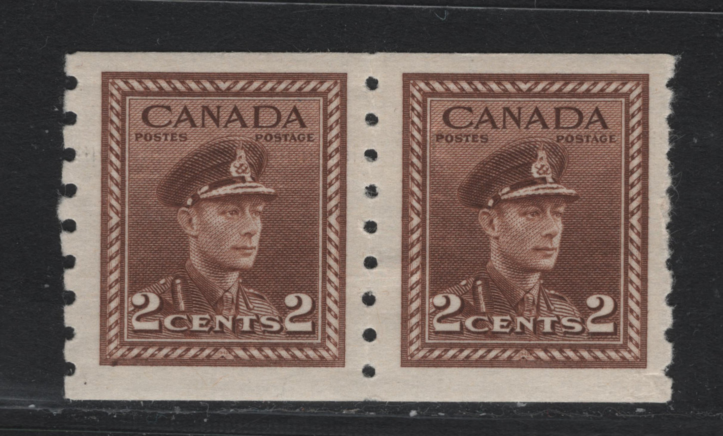 Lot 345 Canada #264var 2c Brown , 1942-1943 KGVI War Issue, A FOG Gripper Coil Pair, Showing Vertical Gripper Marks Across The Stamp Designs At The Top, These Came From Vending Machines