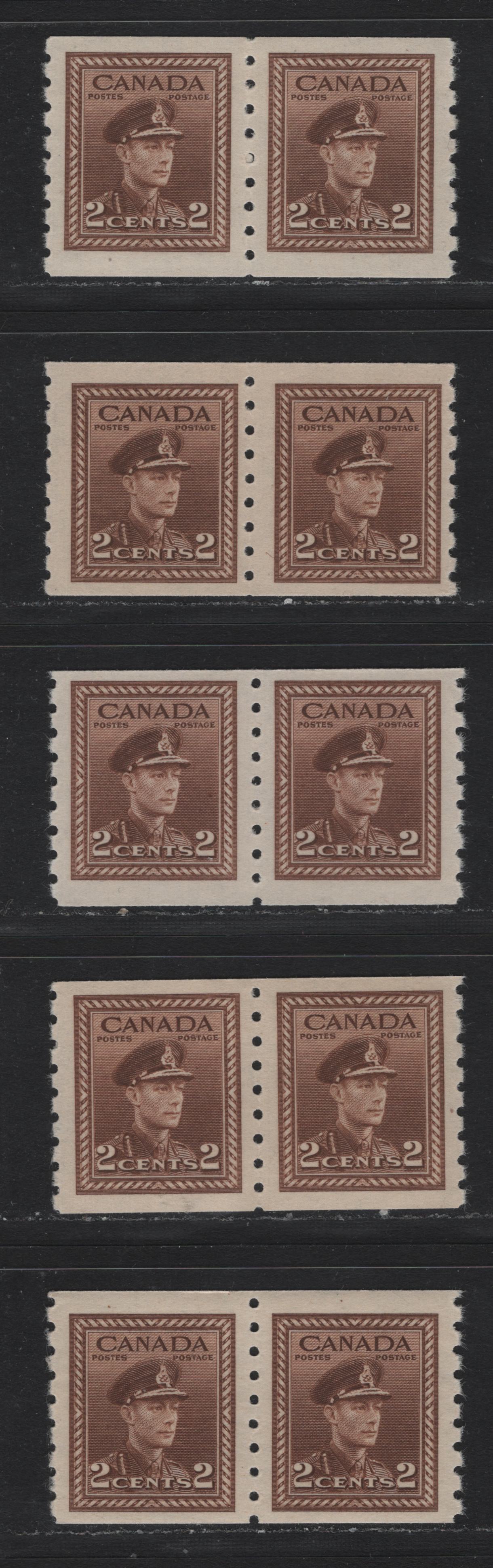 Lot 346 Canada #264 2c Brown , 1942-1943 KGVI War Issue, 5 F/VFNH Coil Pairs, Perf 8 Vertical, Different Papers & Gum Types