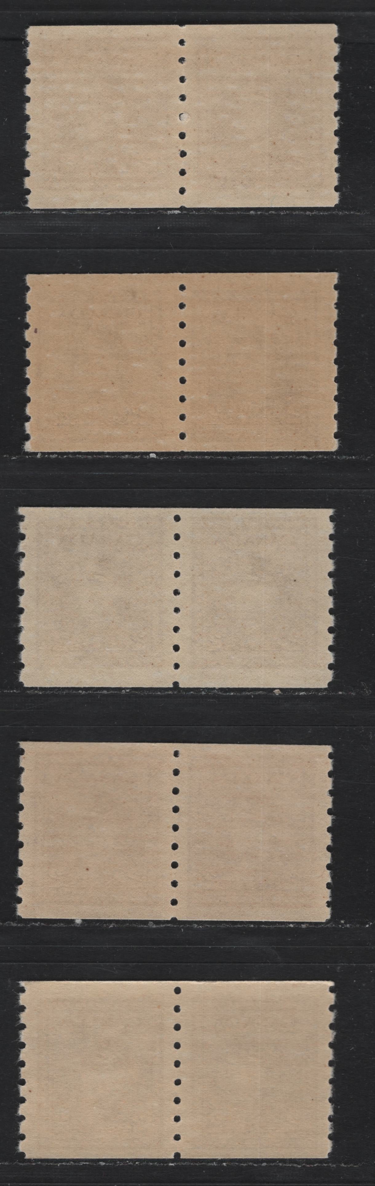 Lot 346 Canada #264 2c Brown , 1942-1943 KGVI War Issue, 5 F/VFNH Coil Pairs, Perf 8 Vertical, Different Papers & Gum Types