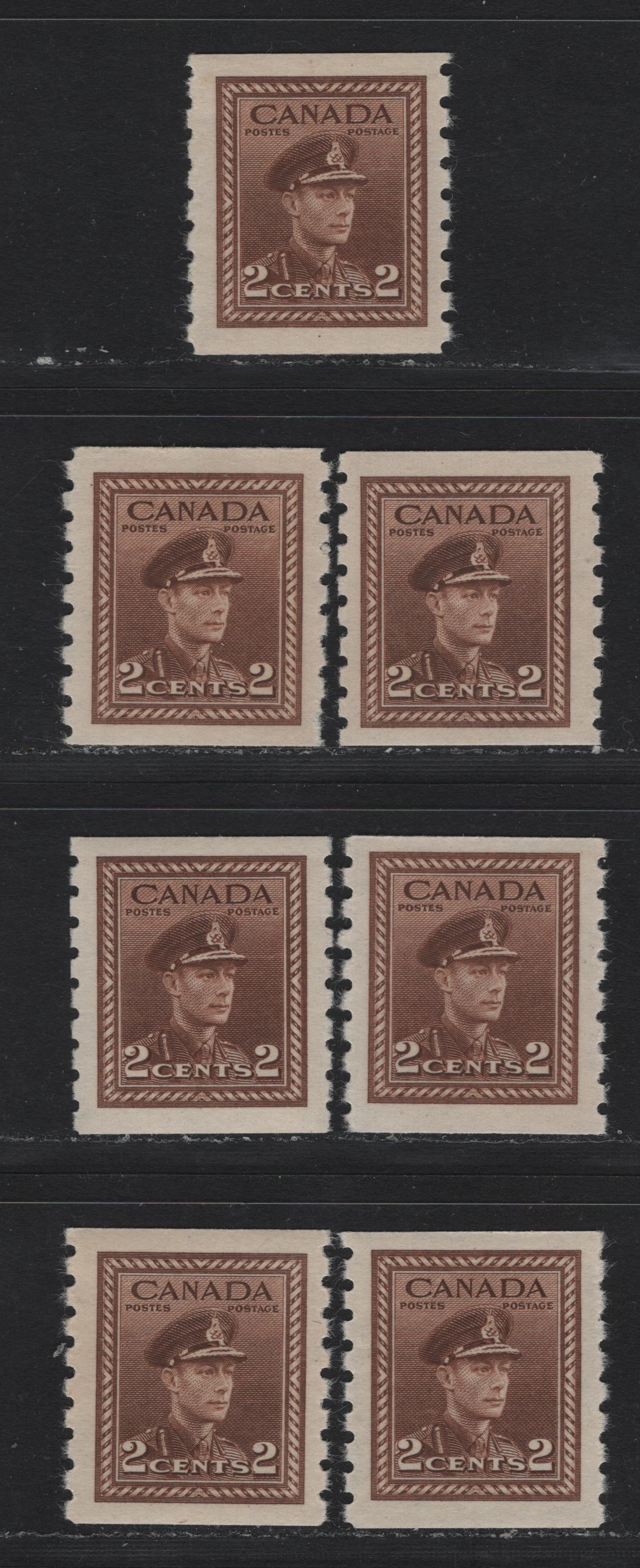 Lot 347 Canada #264 2c Brown , 1942-1943 KGVI War Issue, 7 VFNH Coil Singles, Different Horizontal & Vertical Papers