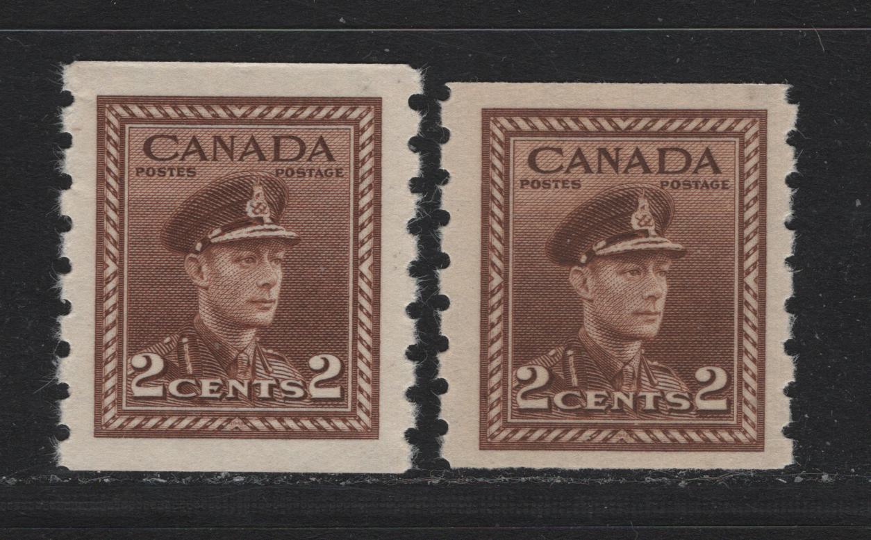 Lot 348 Canada #264 2c Brown , 1942-1943 KGVI War Issue, 2 VFNH Coil Singles, Printings Different From Those In Lot 347