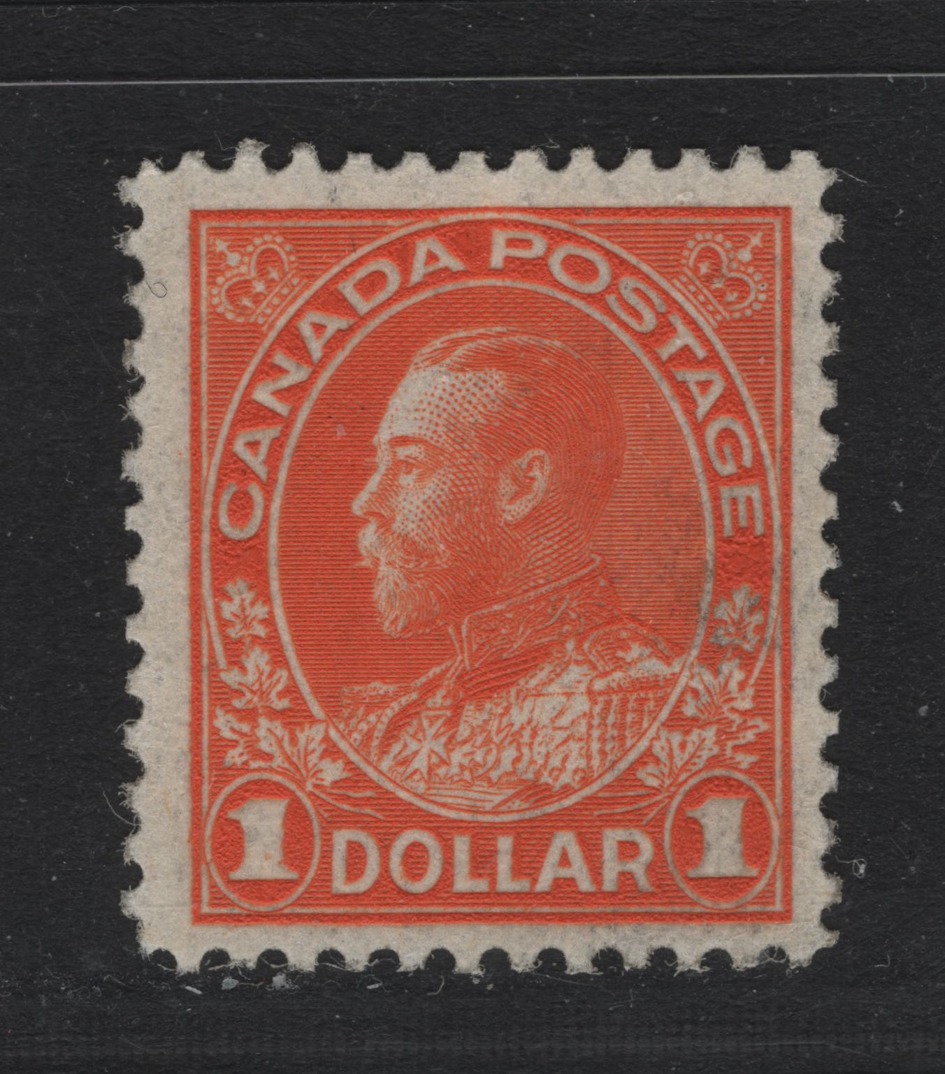 Lot 36 Canada #122var $1 Orange , 1911-1925 KGV Admiral Issue, A Very Good Regummed Single, ABN-HHH (Thin) Paper, Regummed To Appear NH, Dry Printing, Small & Shallow Thin Mid Way Up Medallion At Right.