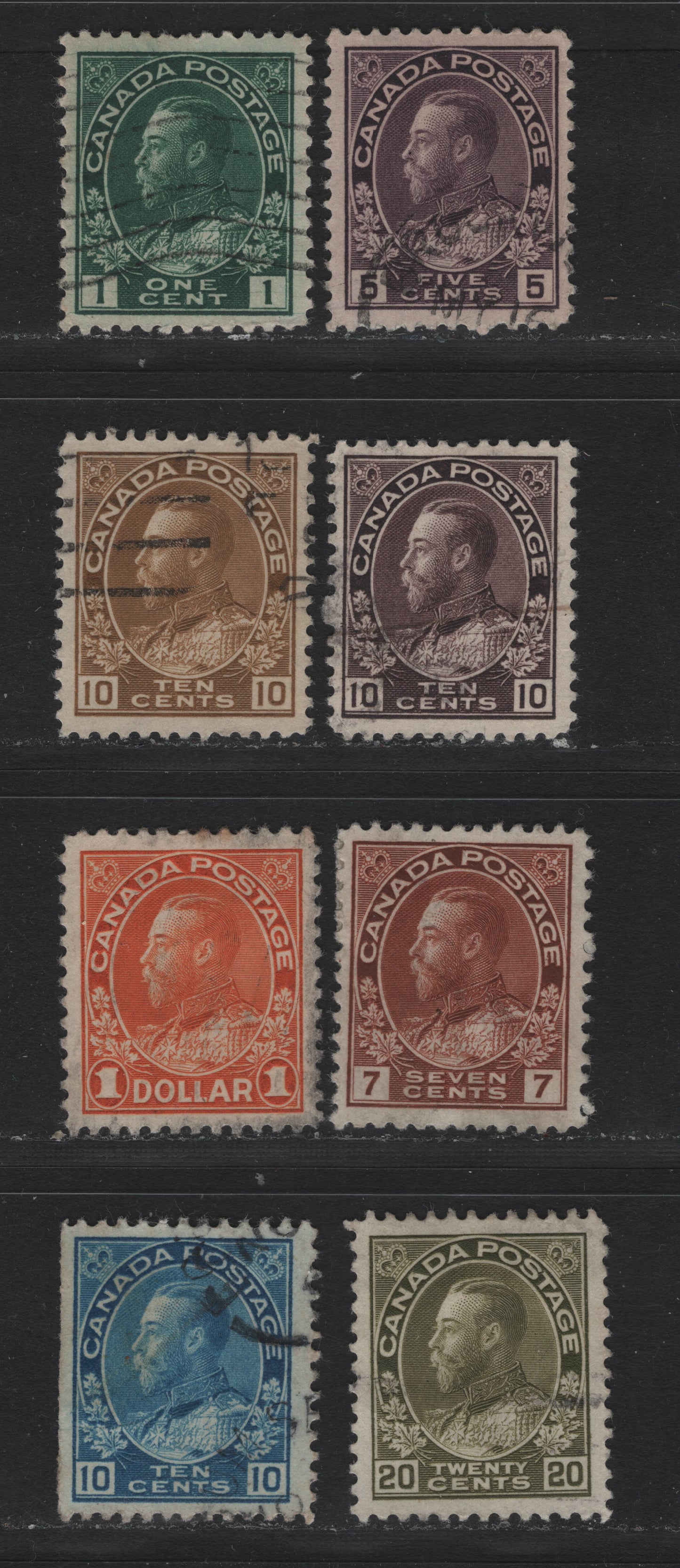 Lot 37 Canada #104c, 112i, 114, 116, 117ii, 118-119, 122 1c - $1 Deep Blue Green - Orange , 1911-1925 KGV Admiral Issue, 8 Fine/Very Fine Used Singles, Unchecked As to Specific Paper Types & Perfs, Dry & Wet Printings