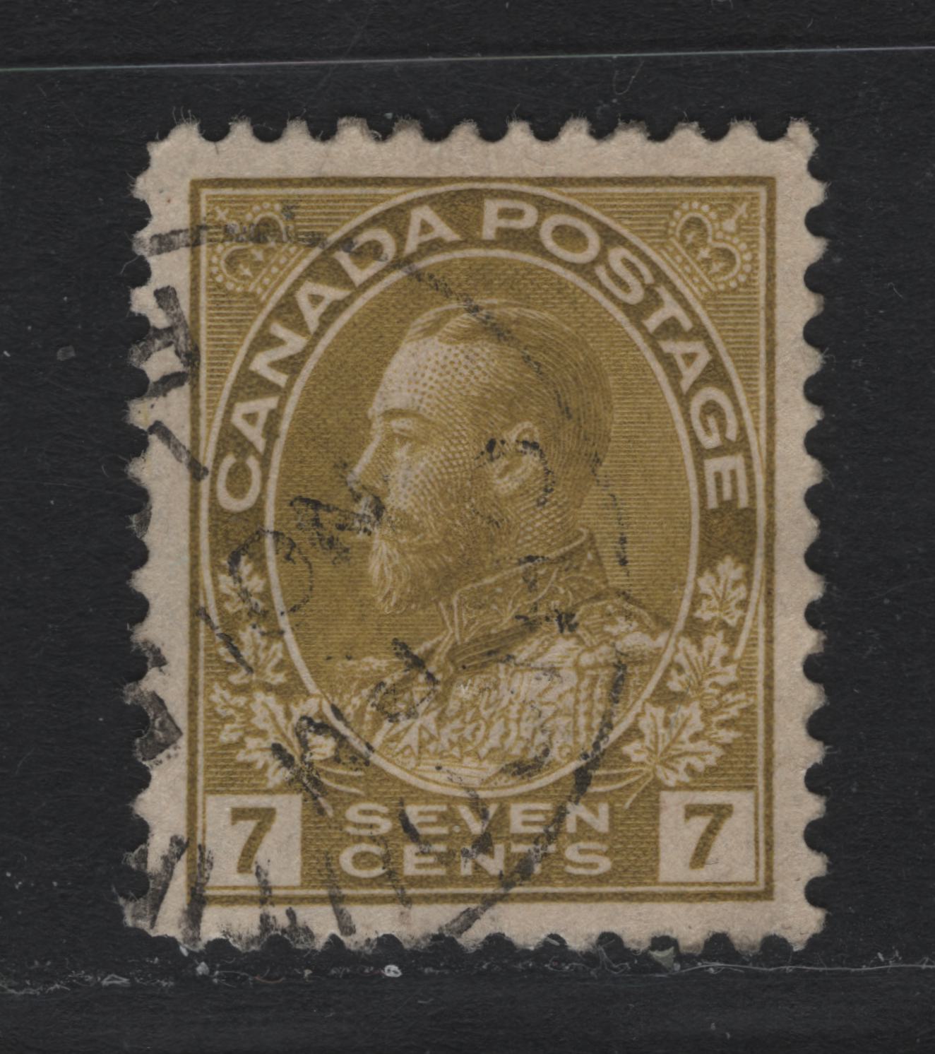 Lot 38 Canada #113iv 7c Greenish Yellow , 1911-1925 KGV Admiral Issue, A Very Fine Used Single, ABN-A Paper, Perf 12x11.9