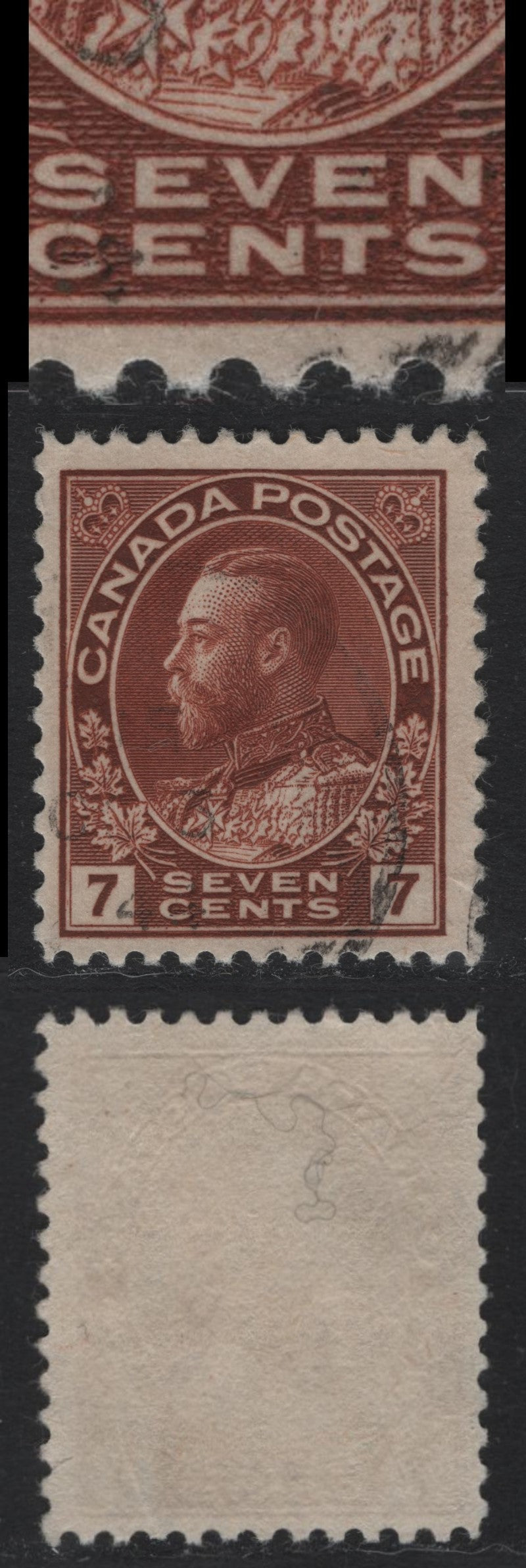 Lot 39 Canada #114v 7c Lake Brown , 1911-1925 KGV Admiral Issue, A Fine Used Single, Dry Printings, ABN-M Paper, Perf 11.9x12, Showing The Diagonal Line Inside The N of Cents, Perf 11.9x12.
