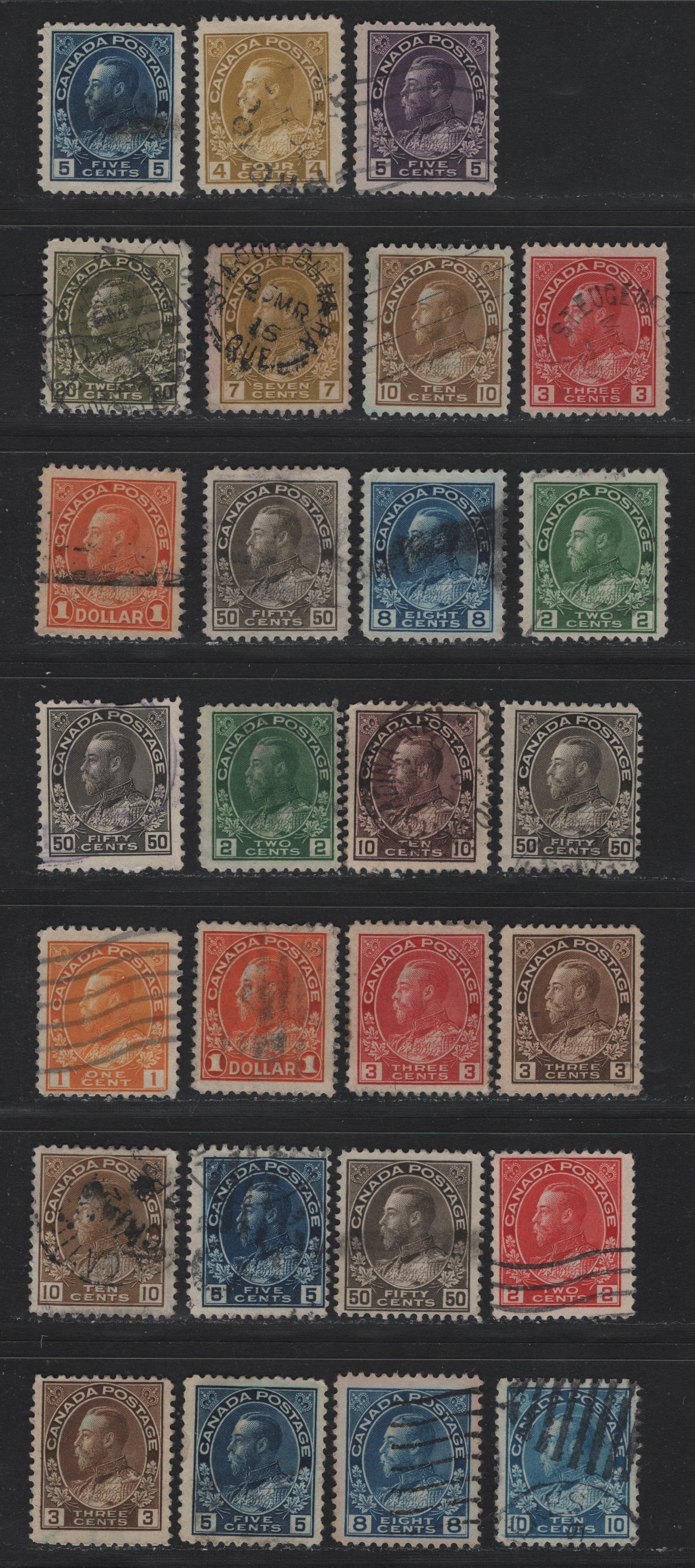 Lot 40 Canada #105-106, 107ii,v, 108-109, 110d, 111, 112a, 113a, 115, 116a, 117ii, 118-120,I, 122,iv 1c -$1 Yellow Orange- Brown Orange , 1911-1925 KGV Admiral Issue, 27 Very Good/Fine Used Singles, Different Shades & Papers, One 8c Has A Corner Crease