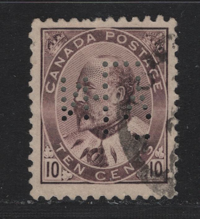 Lot 41 Canada #93 10c Brown Lilac , 1903-1908 King Edward VII Issue, A Very Fine Used Single, ABN-B Paper, Perf 11.9x12, Toronto New York Life Insurance Co Perfin, Pos. 7.