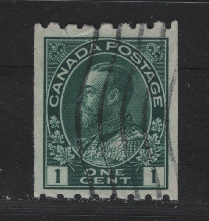 Lot 44 Canada #123 1c Dark Blue Green , 1913 KGV Admiral Coil Issue, A Very Good Used Coil Single, ABN-B Paper, Perf 8 Horizontally, Very Weakly Retouched Frameline, Small Perf Crease At Top.