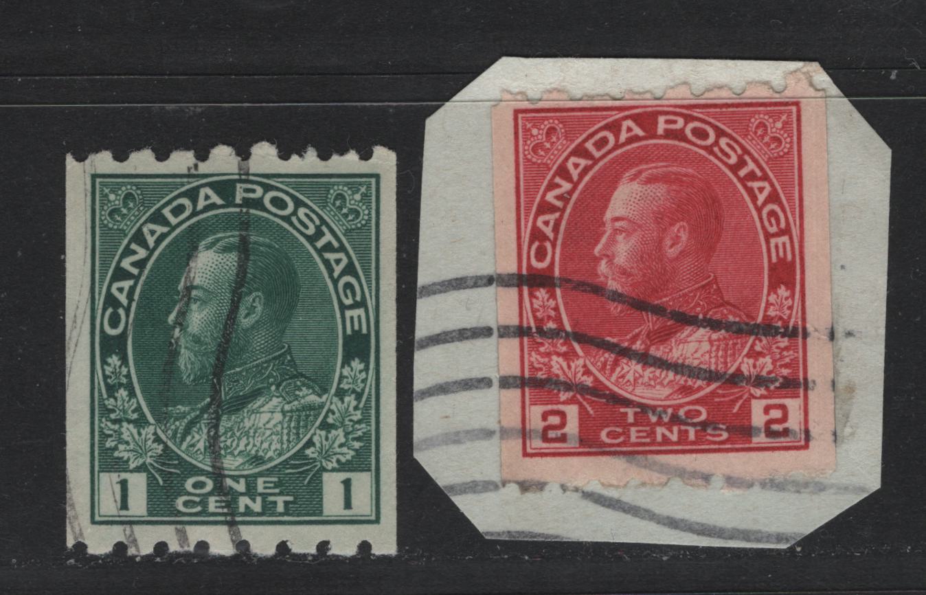 Lot 45 Canada #123-124 1c - 2c Deep Blue Green - Rose Red , 1913 KGV Admiral Coil Issue, 2 Very Good/Fine Used Coil Singles, Perf 8 Vertically (on Piece), 1c Is ABN-A Paper