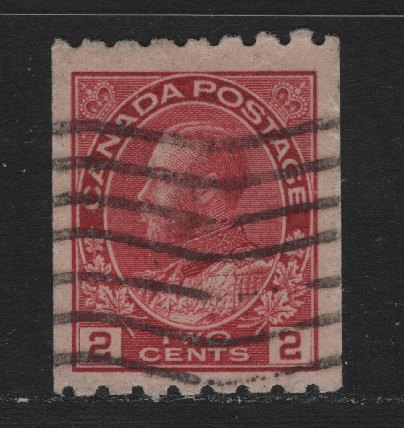 Lot 47 Canada #124 2c Rose Carmine , 1913 KGV Admiral Coil Issue, A Fine Used Coil Single, ABN-B Paper, Perf 8 Horizontally, Weakly Retouched Frameline.