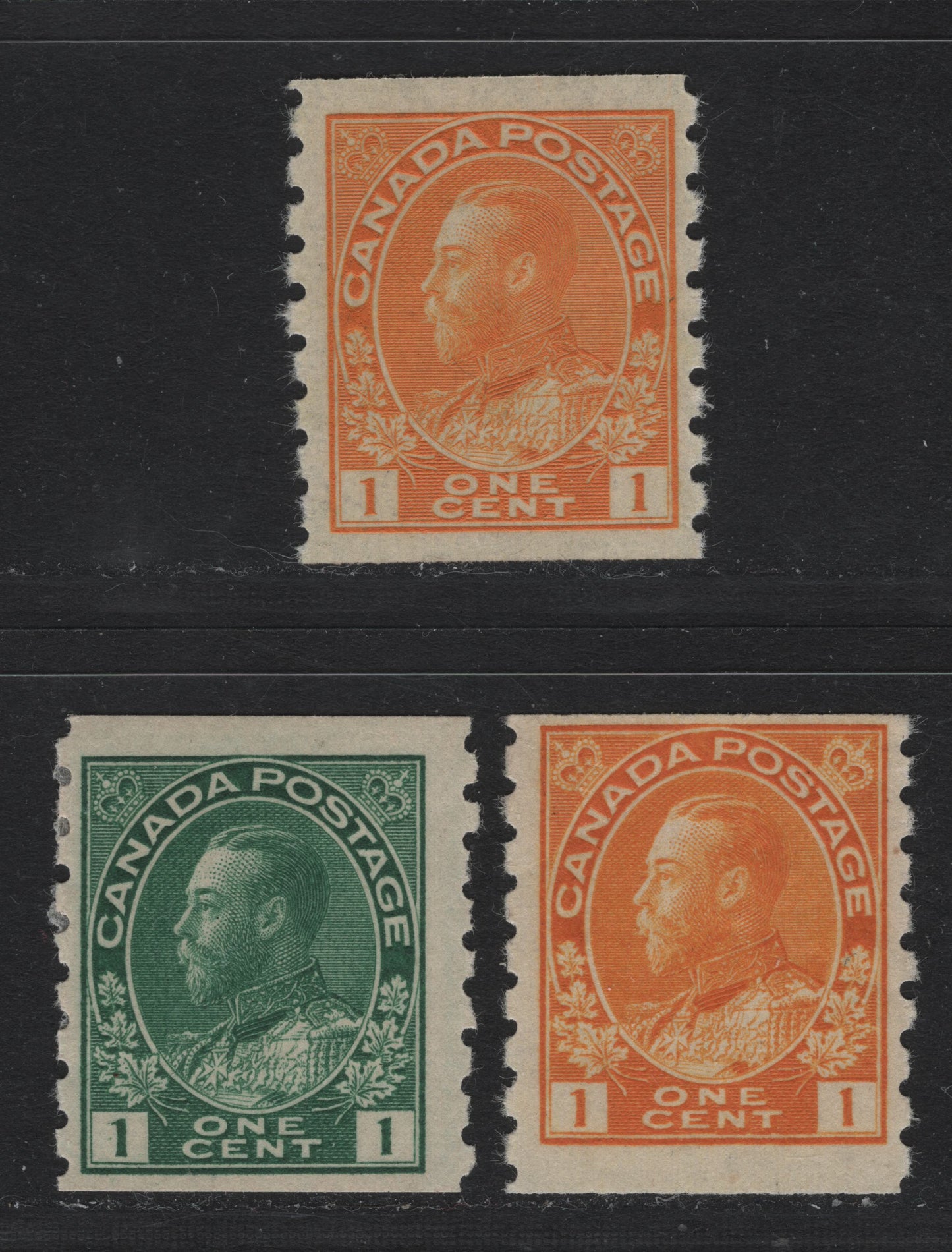 Lot 49 Canada #125-126,d 1c Green - Orange Yellow , 1912-1924 KGV Admiral Coil Issue, 3 FOG Coil Singles, Perf 8 Vertical, ABN-E & ABN-I Paper, Die 2, Dry & Wet Printing.