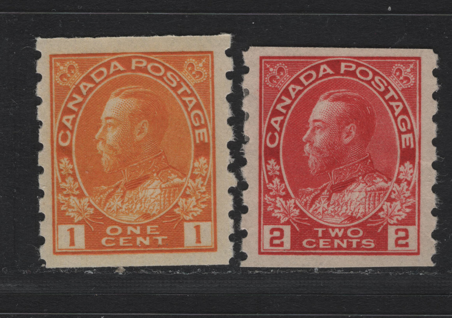 Lot 50 Canada #126d, 127 1c - 2c Orange Yellow - Deep Bright , 1912-1924 KGV Admiral Coil Issue, 2 VFOG Coil Singles, 1c Orange Yellow Die 1, 2c Wet Printing, ABN-E Paper.