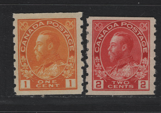Lot 50 Canada #126d, 127 1c - 2c Orange Yellow - Deep Bright , 1912-1924 KGV Admiral Coil Issue, 2 VFOG Coil Singles, 1c Orange Yellow Die 1, 2c Wet Printing, ABN-E Paper.