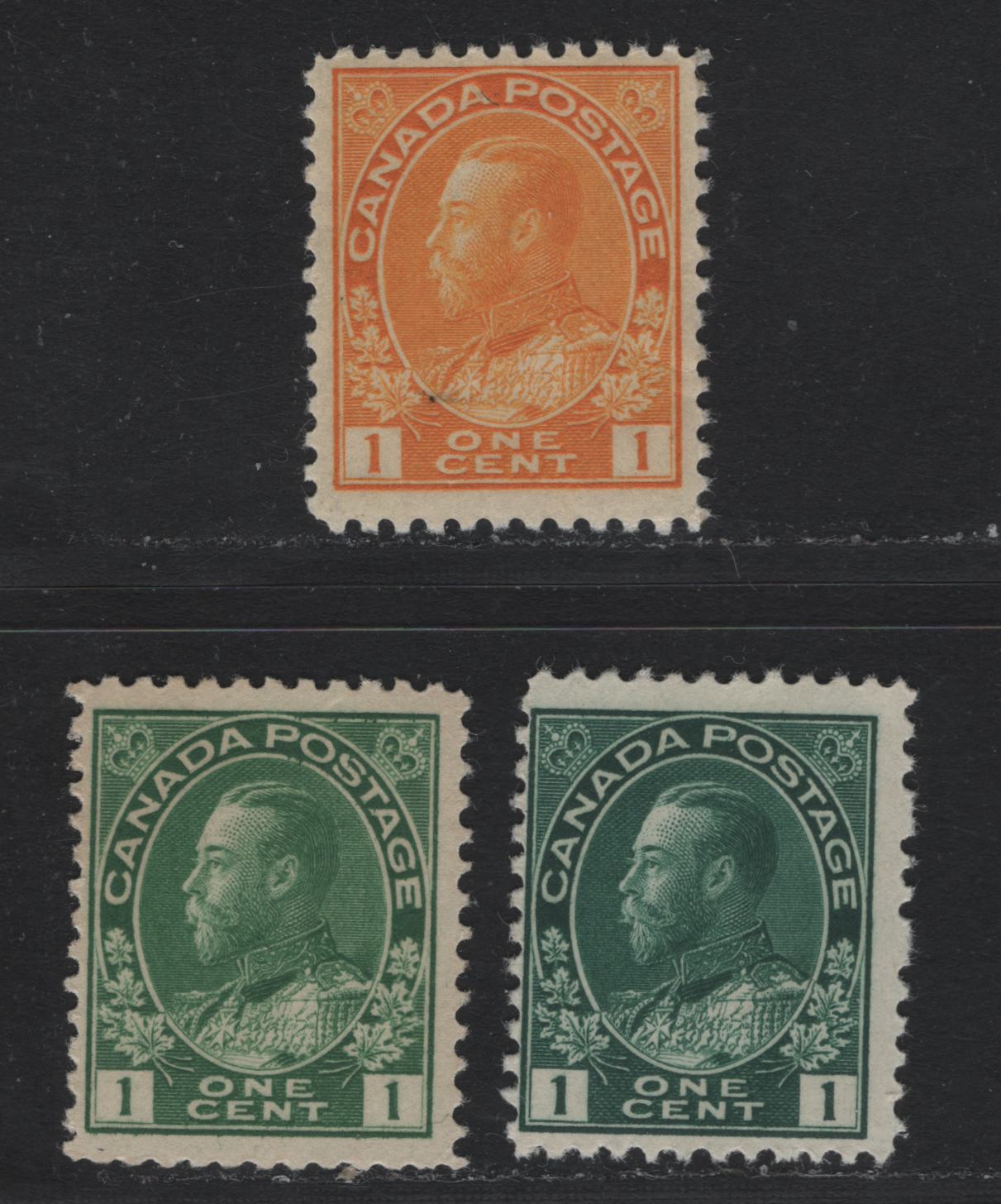 Lot 5 Canada #104a,ii, 105 1c Deep Blue Green - Orange Yellow , 1911-1925 KGV Admiral Issue, 3 FNH Singles, ABN-A Paper, Orange Yellow Is Die 1 Wet Printing, Perfs 12x11.8 & 11.9, Retouched Frameline At UR.