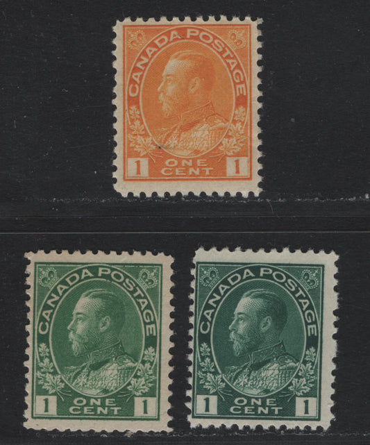 Lot 5 Canada #104a,ii, 105 1c Deep Blue Green - Orange Yellow , 1911-1925 KGV Admiral Issue, 3 FNH Singles, ABN-A Paper, Orange Yellow Is Die 1 Wet Printing, Perfs 12x11.8 & 11.9, Retouched Frameline At UR.
