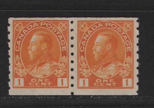 Lot 51 Canada #126d, 127 1c Yellow Orange , 1912-1924 KGV Admiral Coil Issue, A VFOG Coil Pair, ABN-E Paper, Perf 8 Vertical, Wet Printing, Retouched Frameline.