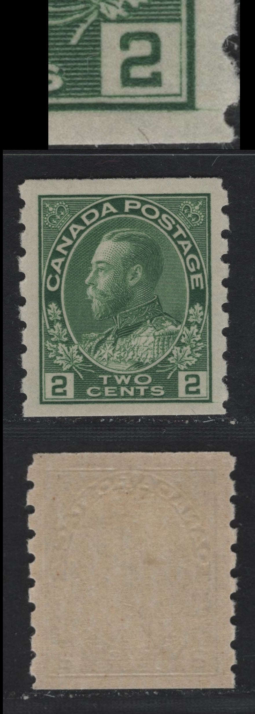 Lot 52 Canada #128iivar 2c Yellowish Green , 1912-1924 KGV Admiral Coil Issue, A VFOG Coil Single, ABN-I Paper, Perf 8 Vertical, Showing Hairline In The LR Corner, Unlisted In Unitrade.