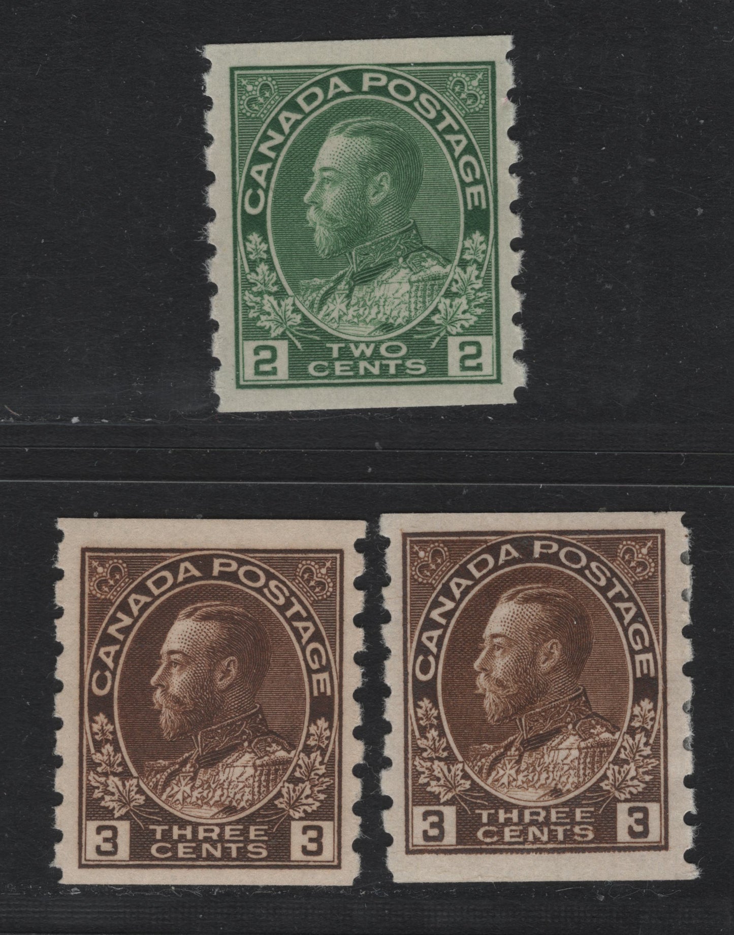 Lot 53 Canada #128i, 129 2c - 3c Green - Deep Brown , 1912-1924 KGV Admiral Coil Issue, 3 F/VFOG/NH Coil Singles, ABN-I, ABN-E & ABN-E Papers, Wet Printings, Perf 8 Vertical.