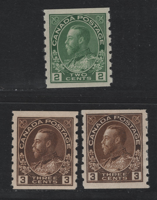 Lot 53 Canada #128i, 129 2c - 3c Green - Deep Brown , 1912-1924 KGV Admiral Coil Issue, 3 F/VFOG/NH Coil Singles, ABN-I, ABN-E & ABN-E Papers, Wet Printings, Perf 8 Vertical.