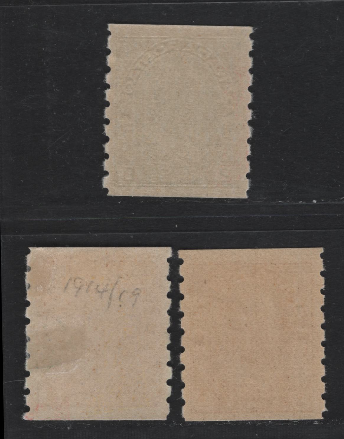Lot 53 Canada #128i, 129 2c - 3c Green - Deep Brown , 1912-1924 KGV Admiral Coil Issue, 3 F/VFOG/NH Coil Singles, ABN-I, ABN-E & ABN-E Papers, Wet Printings, Perf 8 Vertical.