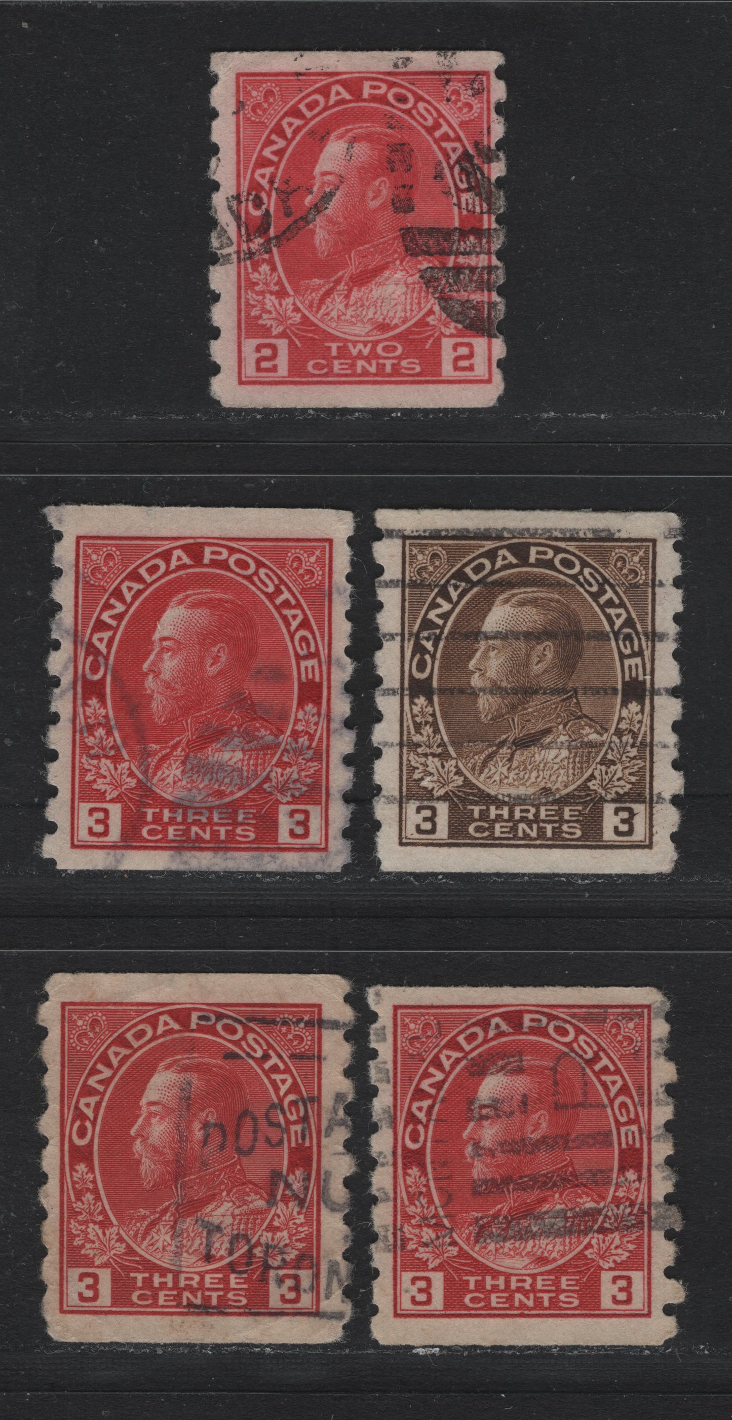 Lot 54 Canada #127ii, 129, 130,b 2c - 3c Rose Red - Carmine Red , 1912-1924 KGV Admiral Coil Issue, 5 Very Good/Fine/Very Fine Used Coil Singles, Dies 1 & 2, Perf 8 Vertical, The Die 2 3c Coil Has A Light Corner Crease.