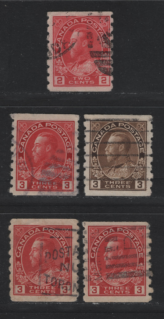 Lot 54 Canada #127ii, 129, 130,b 2c - 3c Rose Red - Carmine Red , 1912-1924 KGV Admiral Coil Issue, 5 Very Good/Fine/Very Fine Used Coil Singles, Dies 1 & 2, Perf 8 Vertical, The Die 2 3c Coil Has A Light Corner Crease.