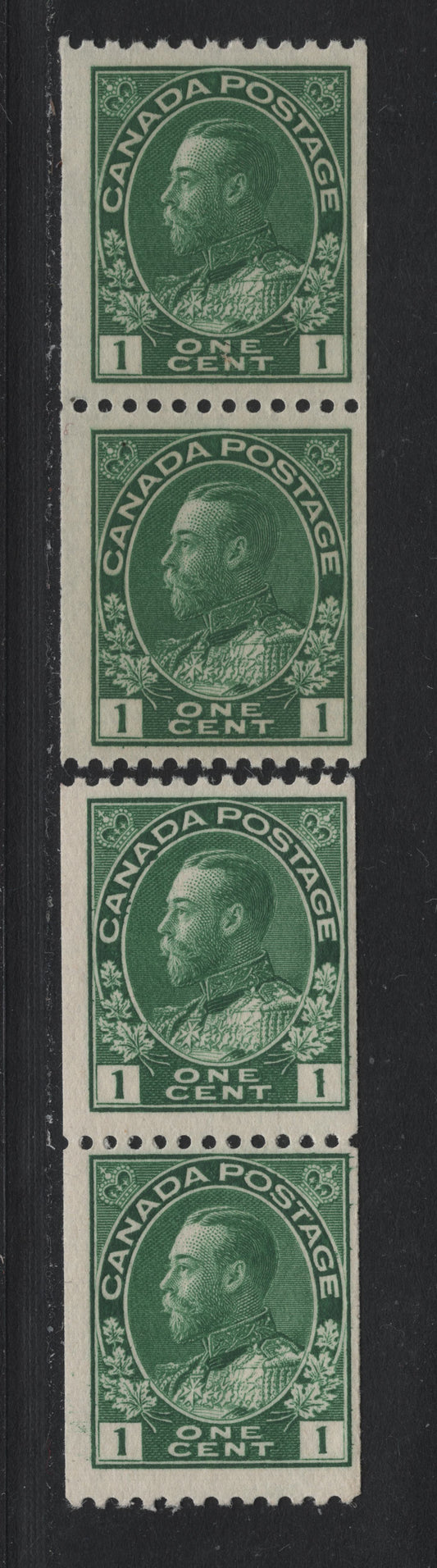 Lot 55 Canada #131 1c Green & Dark Yellowish Green, 1915-1924 King George V Admiral Issue, 2 FNH Coil Pairs Perf 12 & 11.9 Horizontally On ABN-E. Retouched Frameline On Both