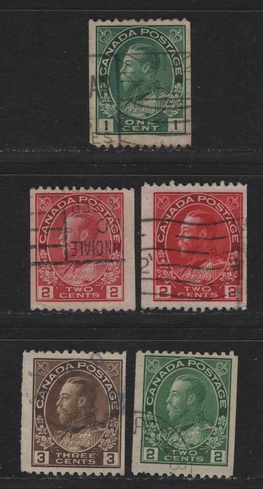 Lot 58 Canada #131ii, 132, 132iii, 133, 134 1c Blue Green, 2c Deep Bright Carmine Red, 2c Rose Carmine, 2c Bright Green, 3c Brown, 1915-1924 King George V Admiral Issue, 5 Fine Used Singles Perf 12 Horizontal Coils, Incl. Genuine & Scarce 2c Green