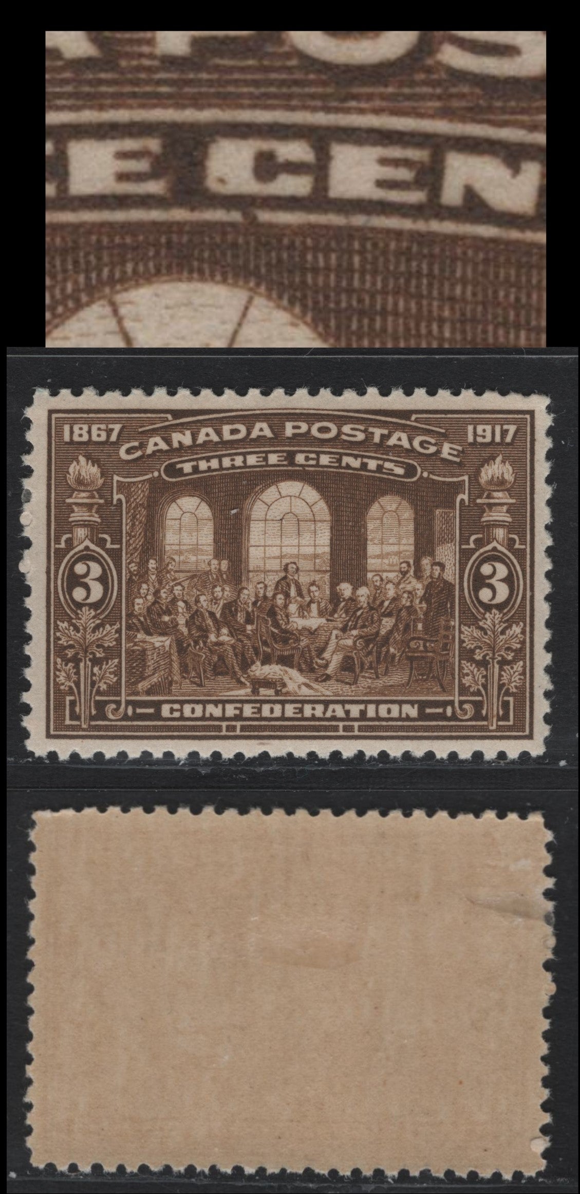 Lot 63 Canada #135var 3c Brown, 1917 Confederation Issue, A VFOG Single Showing Unusual Dots Below "C" Of Cents