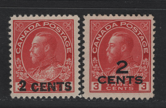 Lot 66 Canada #139-140 2c on 3c Carmine Red , 1926 KGV Admiral Provisional Issue, 2 FNH & Unused Singles, ABN-M & ABN-RRR Papers, Perfs 12x11.9 & 11.9x11.8