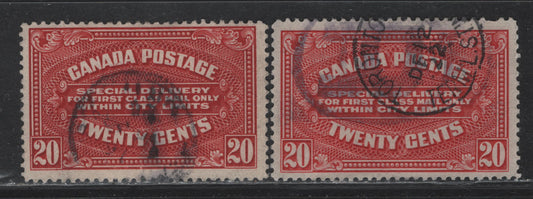 Lot 70 Canada #E2a 20c Carmine Red - Dark Carmine , 1922 Special Delivery Issue, 2 Very Good Used Singles, Wet Printings, Decent Cancels