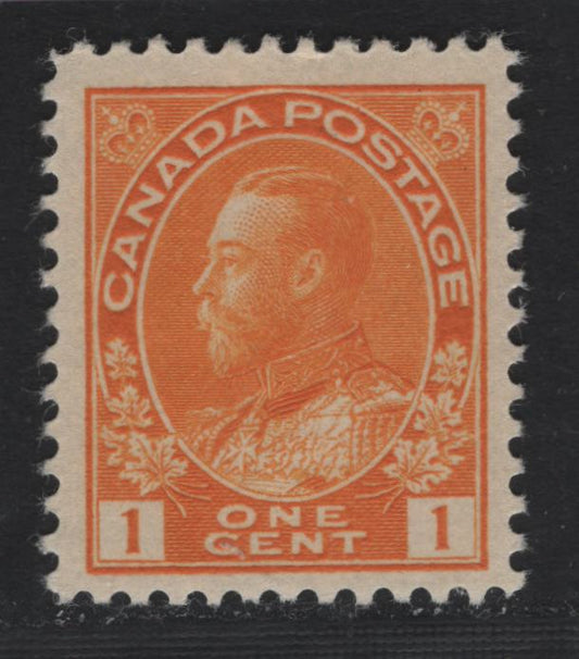 Lot 7 Canada #105 1c Yellow Orange , 1911-1925 KGV Admiral Issue, A VFNH Single, ABN-E Paper, Die 1, Wet Printing, Perf 12x11.9, Retouched Frameline.