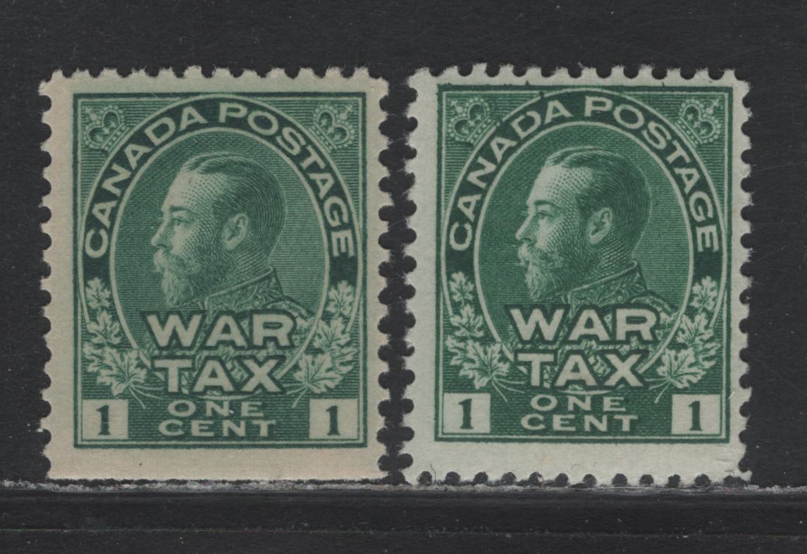 Lot 71 Canada #MR1 1c Green - Blue Green , 1915 War Tax Issue, 2 FNH Singles, Fresh NH Mint Singles, ABN-B Paper/Gum, Perfs 11.8x11.9 & 11.9x12.