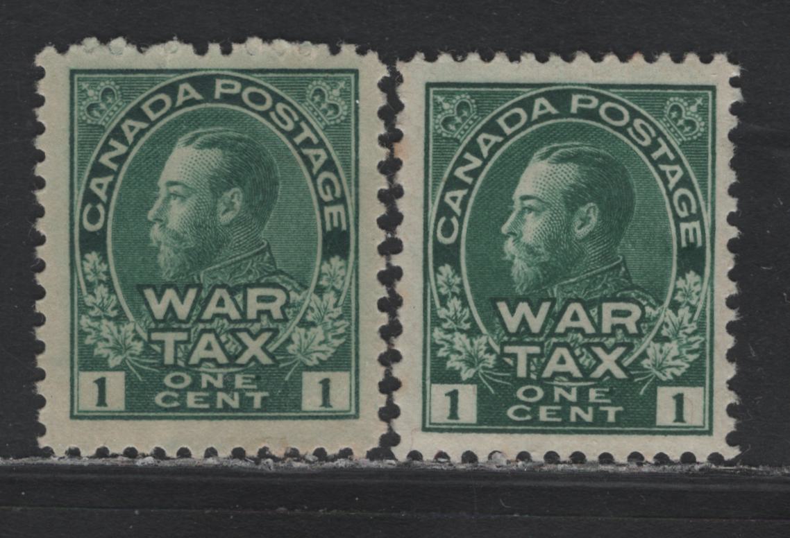Lot 72 Canada #MR1 , 1915 War Tax Issue, 2 F/VFOG Singles, ABN-B Paper, Perfs 11.9 & 11.9x11.8