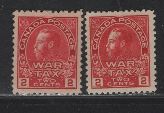 Lot 74 Canada #MR2, MR2a , 1915 War Tax Issue, 2 VFOG Singles, ABN-B Paper, Perfs 12x11.9 & 11.9x11.8