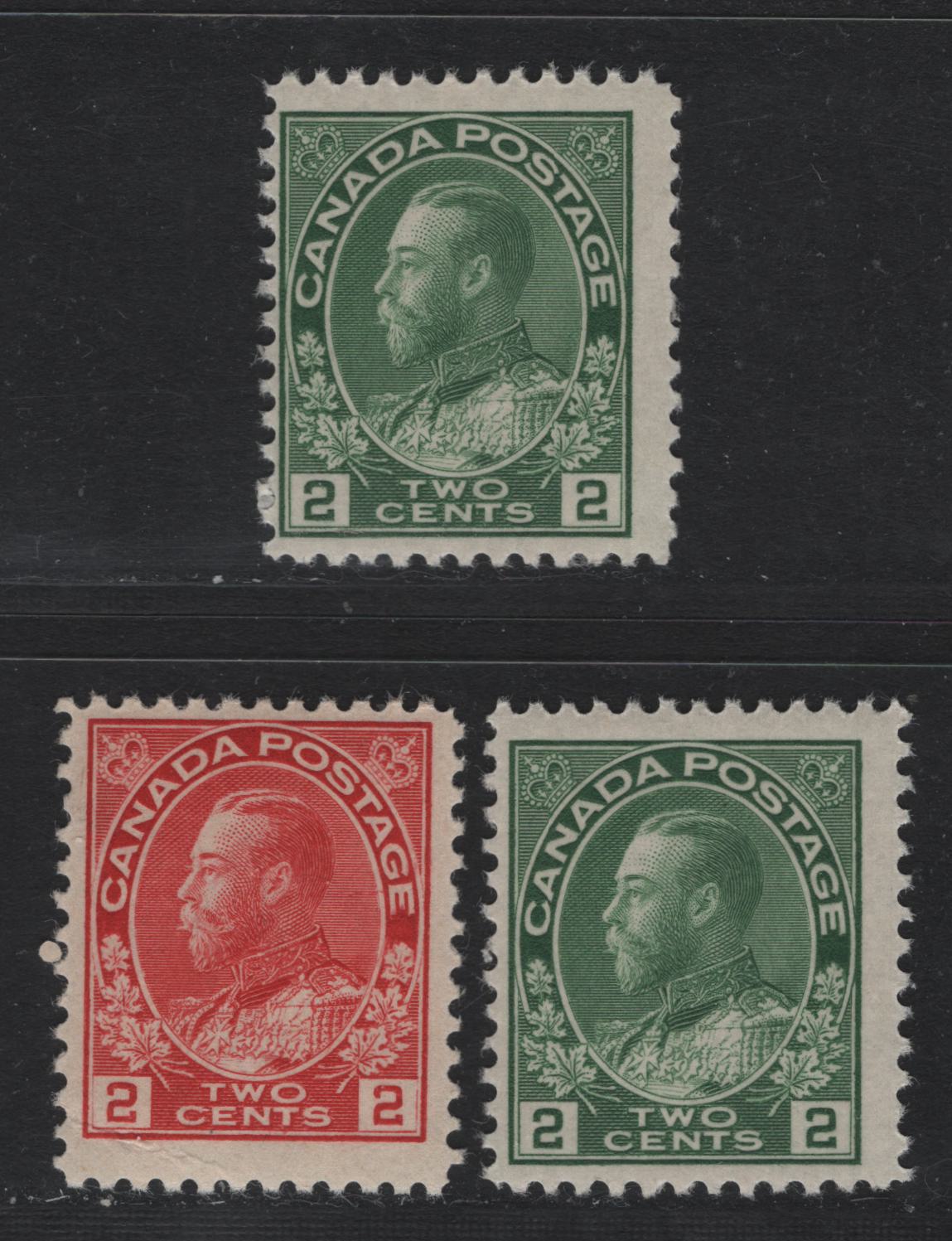 Lot 8 Canada #106, 107iv, 107e 2c Bright Carmien Red - Yellowish Green , 1911-1925 KGV Admiral Issue, 3 FNH Singles, Dry Printings, ABN-E & ABN-N Papers, Perfs 12 & 11.9x12.
