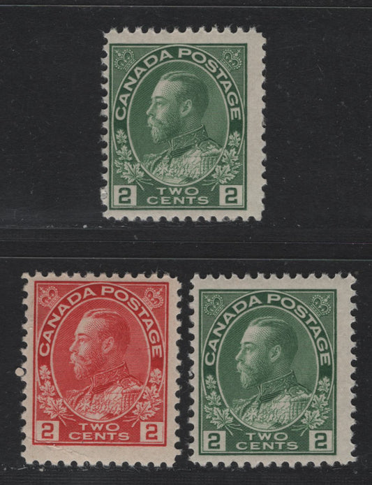 Lot 8 Canada #106, 107iv, 107e 2c Bright Carmien Red - Yellowish Green , 1911-1925 KGV Admiral Issue, 3 FNH Singles, Dry Printings, ABN-E & ABN-N Papers, Perfs 12 & 11.9x12.